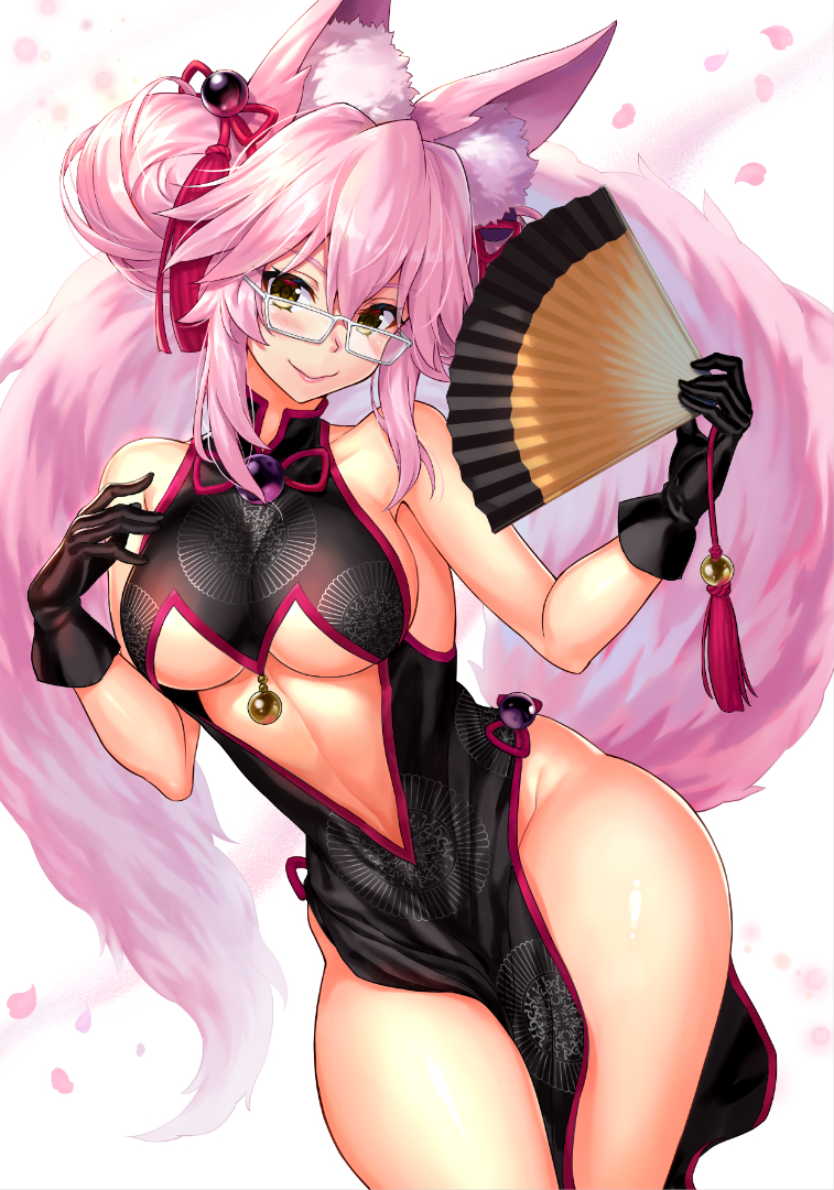 1girl animal_ear_fluff animal_ears bangs bare_shoulders black_dress black_gloves breasts brown_eyes closed_mouth collarbone commentary_request double_bun dress eyebrows_visible_through_hair fan fate/grand_order fate_(series) folding_fan fox_ears fox_girl fox_tail glasses gloves grey-framed_eyewear groin hair_between_eyes hands_up head_tilt holding holding_fan medium_breasts no_panties npcpepper pelvic_curtain petals pink_hair side_bun sidelocks sleeveless sleeveless_dress smile solo tail tamamo_(assassin)_(fate) tamamo_(fate)_(all) v-shaped_eyebrows white_background