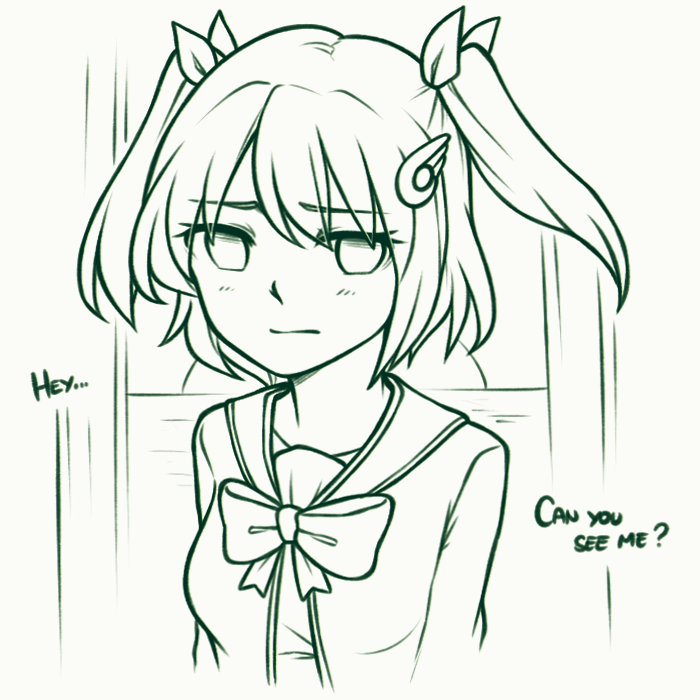 1girl bangs bow bowtie english_text eyebrows_visible_through_hair eyes_visible_through_hair green_theme hair_ornament hair_ribbon hairclip lineart looking_at_viewer monochrome rabi-ribi ribbon sad saya_(rabi_ribi) short_hair solo speckticuls twintails upper_body wing_hair_ornament