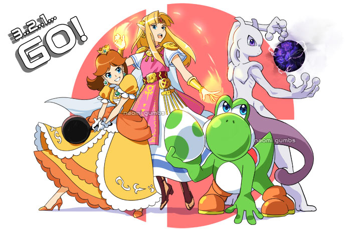 2 2girls 3 blonde_hair blue_eyes board_game brown_hair cape creatures_(company) crown dress earrings egg fire flower_earrings frying_pan game_freak gem gen_1_pokemon go grin high_heels jewelry long_hair magic mario_(series) mewtwo multiple_girls naomig nintendo number pink_dress pokemon pose princess_daisy princess_zelda purple_eyes sassy short_hair smile super_mario_land super_mario_world super_smash_bros. super_smash_bros._ultimate symbol tail the_legend_of_zelda the_legend_of_zelda:_a_link_between_worlds tomboy white_dress yellow_dress yoshi yoshi's_island