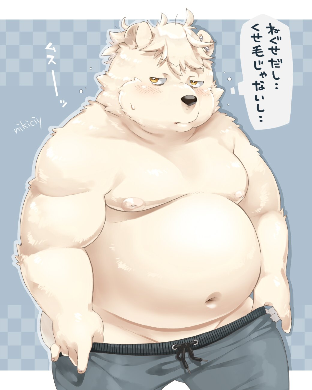 2019 anthro belly black_nose blush clothing fur hi_res humanoid_hands japanese_text male mammal moobs navel nikiciy nipples overweight overweight_male polar_bear solo text undressing ursid ursine white_fur yellow_eyes