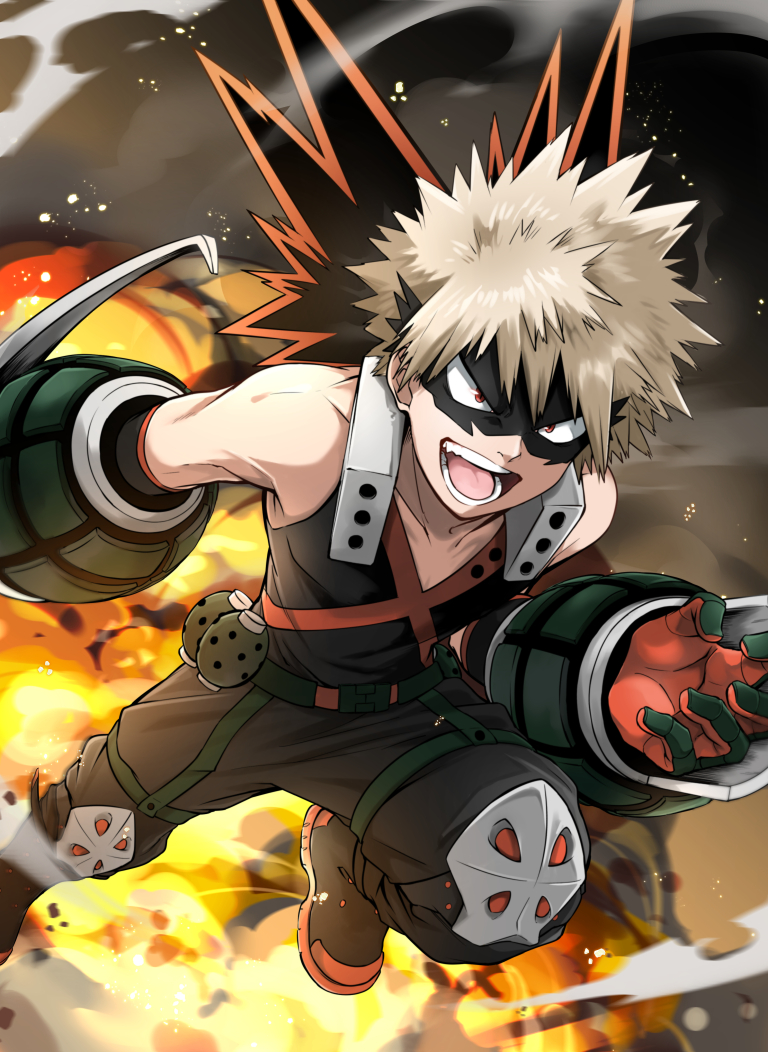 1boy bakugou_katsuki bare_shoulders black_gloves black_mask_(clothing) blonde_hair boku_no_hero_academia boots brown_footwear brown_legwear collarbone commentary_request explosion explosive eye_mask face_mask foot_out_of_frame gloves grenade looking_at_viewer male_focus mask open_mouth pants red_eyes red_gloves shirt short_hair solo spiked_hair teeth two-tone_gloves vorupi