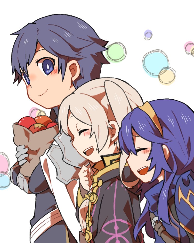 1boy armor blue_eyes blue_hair blush cape father_and_daughter female_my_unit_(fire_emblem:_kakusei) fire_emblem fire_emblem:_kakusei gloves krom long_hair lucina mamkute my_unit_(fire_emblem:_kakusei) nintendo open_mouth short_hair shunrai smile tiara twintails white_hair