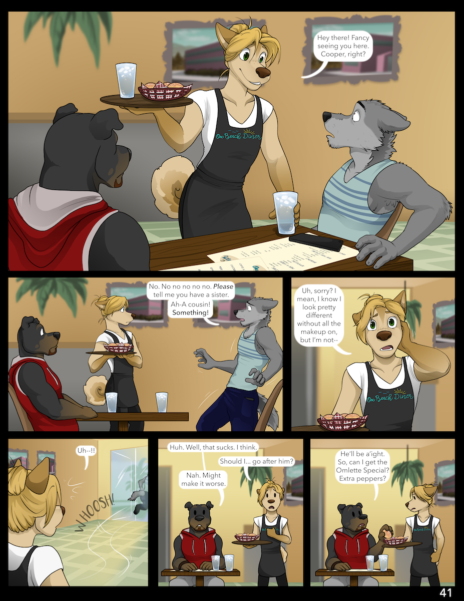2019 5_fingers anthro canid canine canis comic cooper_estevez dialogue domestic_dog english_text gary_(jackaloo) hi_res jackaloo male mammal restaurant river_lakes running scared surprise text wolf