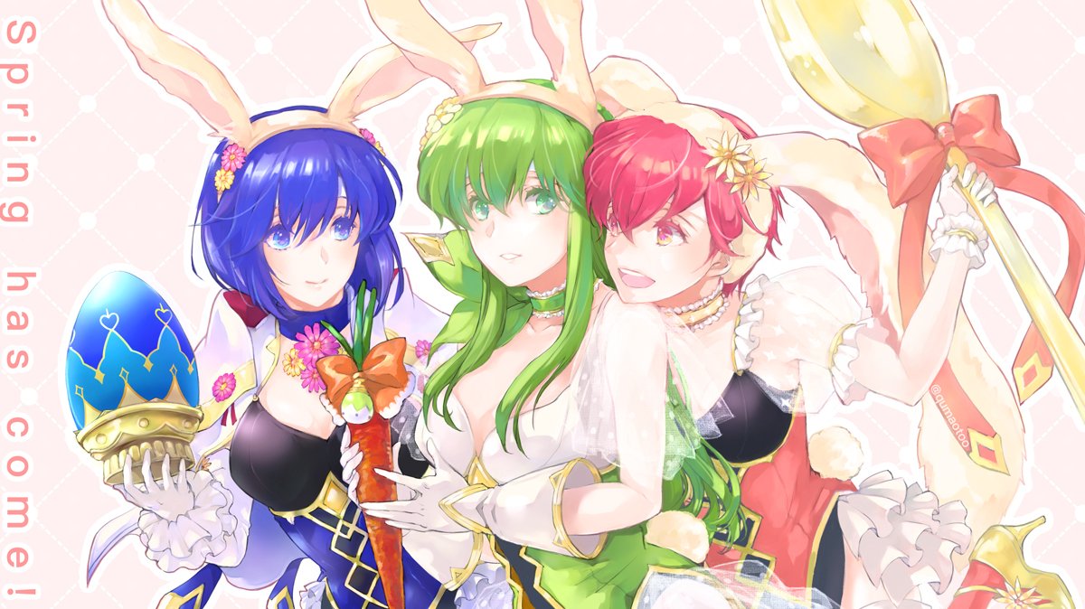 3girls alternate_costume animal_ears blue_eyes blue_hair bow bunny_ears carrot choker closed_mouth easter_egg egg est fake_animal_ears fire_emblem fire_emblem:_monshou_no_nazo fire_emblem_heroes flower frilled_choker frills gloves green_eyes green_hair hair_flower hair_ornament holding katua long_hair multiple_girls nintendo open_mouth paola parted_lips pink_eyes pink_hair qumaoto red_bow see-through short_hair siblings sisters smile spoon twitter_username upper_body white_gloves