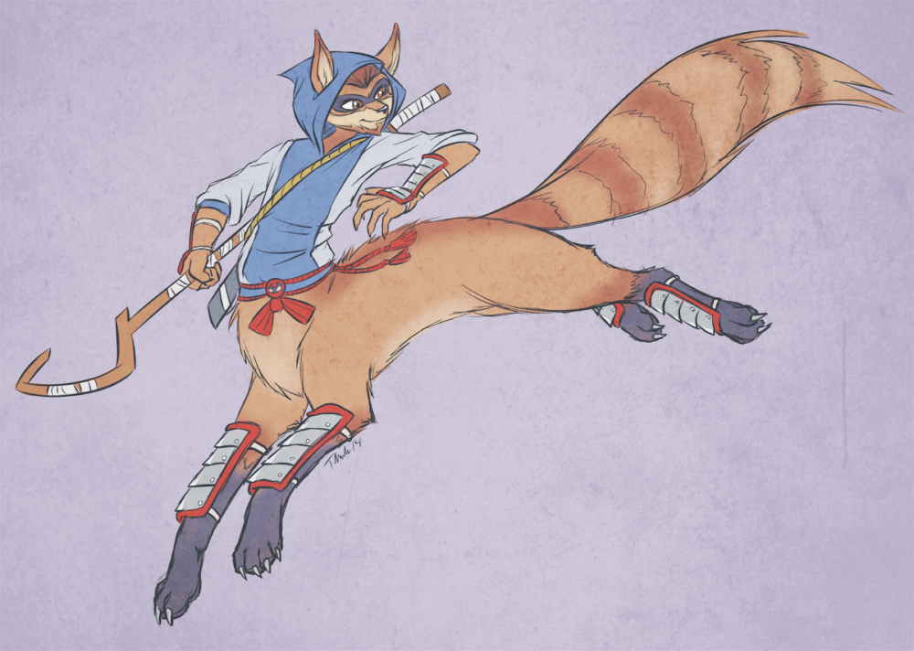 2014 5_fingers ailurid black_nose bottomless brown_eyes claws clothed clothing fluffy fluffy_tail hoodie jumping mammal melee_weapon metalpandora polearm purple_background red_panda red_panda_taur ringtail rioichi_cooper signature simple_background sly_cooper_(series) solo sony_corporation sony_interactive_entertainment sucker_punch_productions taur taurification video_games weapon