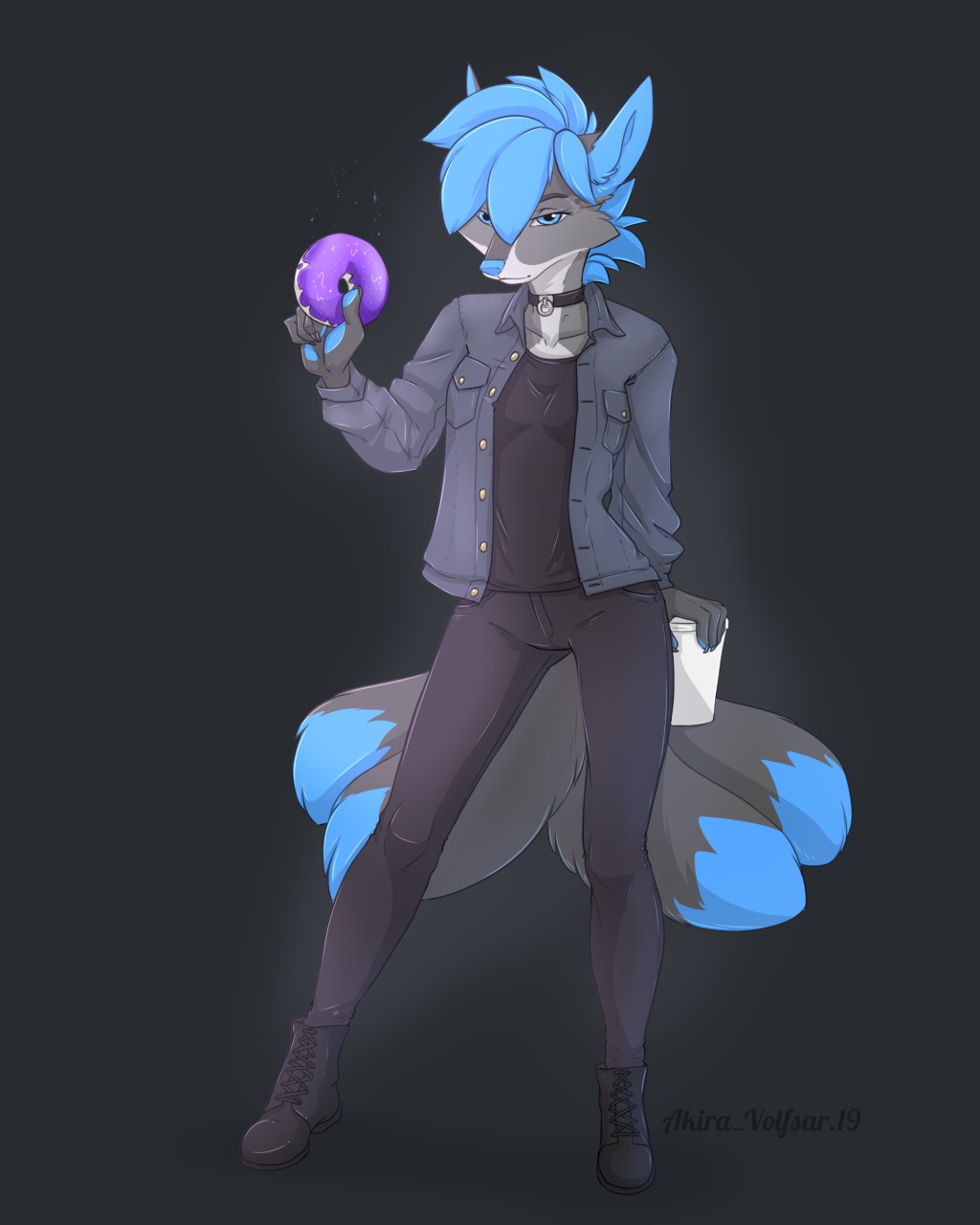 2019 5_fingers aki_de-volfs.ar anthro blue_eyes blue_hair blue_nose breasts canid canine clothed clothing digital_media_(artwork) doughnut female food fox hair hi_res looking_at_viewer mammal simple_background smile solo standing