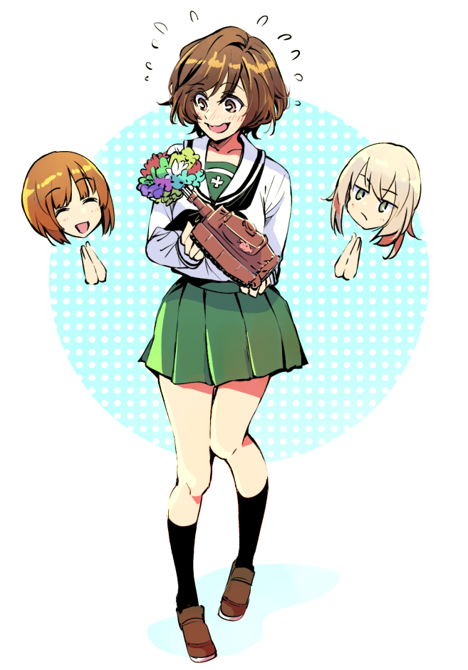 3girls :d akiyama_yukari bangs black_legwear black_neckwear blouse blue_eyes blush bonkara_(sokuseki_maou) bouquet brown_eyes brown_footwear brown_hair clapping commentary eyebrows_visible_through_hair eyes_closed flower flying_sweatdrops full_body girls_und_panzer green_skirt ground_vehicle hands_together head holding itsumi_erika loafers long_sleeves military military_vehicle miniskirt model_tank motor_vehicle multiple_girls neckerchief nishizumi_miho ooarai_school_uniform open_mouth panzerkampfwagen_iv pleated_skirt school_uniform serafuku shoes short_hair silver_hair skirt smile socks solo_focus standing standing_on_one_leg tank wavy_hair white_blouse