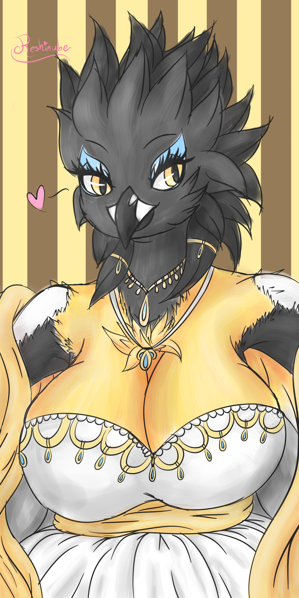 &lt;3 2019 anthro avian beak big_breasts biped bird black_feathers breasts clothed clothing digital_drawing_(artwork) digital_media_(artwork) dress feathered_arms feathered_wings feathers female hair hi_res icterid latina miranda_marcano new_world_oriole non-mammal_breasts portrait reshinube simple_background smile solo standing venezuela venezuelan_troupial winged_arms wings yellow_eyes yellow_feathers