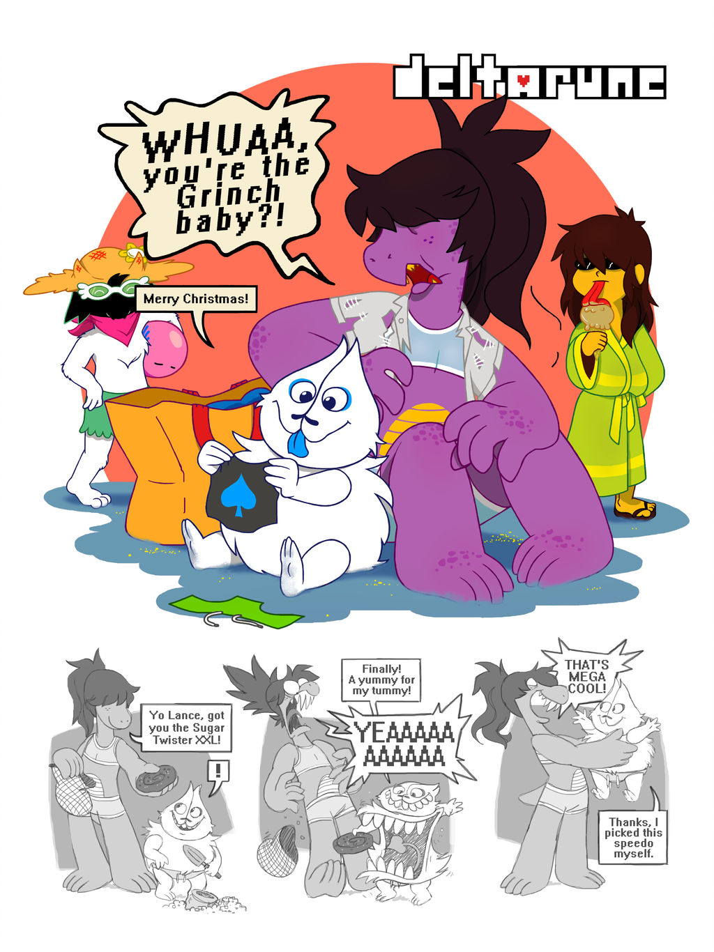 &lt;3 &spades; 2018 anthro bag beach belly bikini bovid brown_hair caprine clothed clothing darkner deltarune dessert dialogue digital_media_(artwork) english_text eyewear female food footwear fur goat hair hi_res holding_object horn human humanoid humanoid_hands ice_cream jacket kris_(deltarune) lancer_(deltarune) long_hair male mammal multi_mouth open_mouth outside oven_mitt pants ponytail ralsei reptile robe sand sandals scalie seaside sharp_teeth shovel simple_background smile spades speedo standing stomach_mouth suit_symbol sunglasses sunhat susie_(deltarune) swimsuit teeth text toes tongue tongue_out vampiremeerkat video_games white_fur yellow_teeth