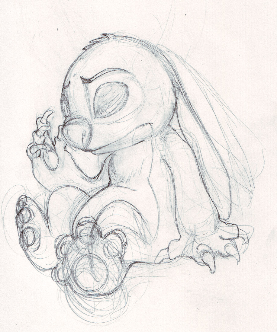 2009 4_fingers 4_toes alien claws disney ears_down experiment_(species) genniidrominda head_tuft lilo_and_stitch raised_inner_eyebrows sad simple_background sitting sketch solo stitch toes traditional_media_(artwork) tuft white_background