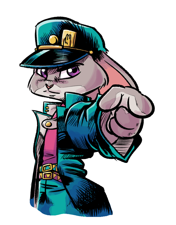 anthro belt cheek_tuft clothed clothing cosplay disney female fuel_(artist) hat jojo's_bizarre_adventure jotaro_kujo judy_hopps lagomorph looking_at_viewer mammal open_jacket pointing pointing_at_viewer purple_eyes rabbit simple_background solo tuft white_background zootopia