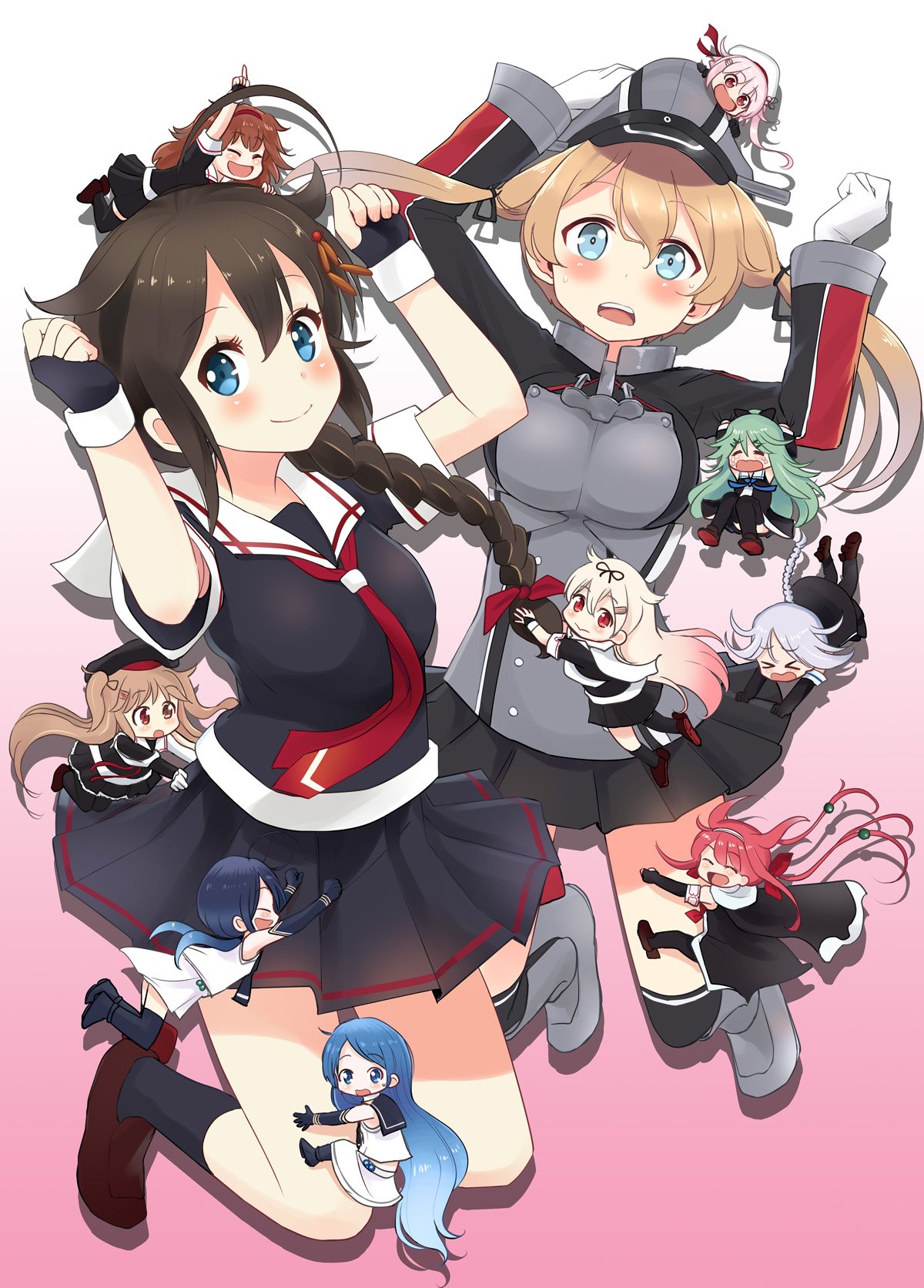 2girls ahenn ahoge anchor_hair_ornament aqua_eyes arms_up black_hair black_legwear black_serafuku black_skirt blonde_hair blue_eyes braid fingerless_gloves gloves gradient gradient_background hair_flaps hair_ornament hair_over_shoulder harusame_(kantai_collection) hat highres iron_cross kantai_collection kawakaze_(kantai_collection) looking_at_viewer low_twintails microskirt military military_uniform minigirl multiple_girls murasame_(kantai_collection) neckerchief pantyhose peaked_cap pink_background pleated_skirt prinz_eugen_(kantai_collection) red_neckwear remodel_(kantai_collection) samidare_(kantai_collection) school_uniform serafuku shigure_(kantai_collection) shiratsuyu_(kantai_collection) single_braid skirt smile suzukaze_(kantai_collection) thighband_pantyhose twintails umikaze_(kantai_collection) uniform white_gloves yamakaze_(kantai_collection) yuudachi_(kantai_collection)