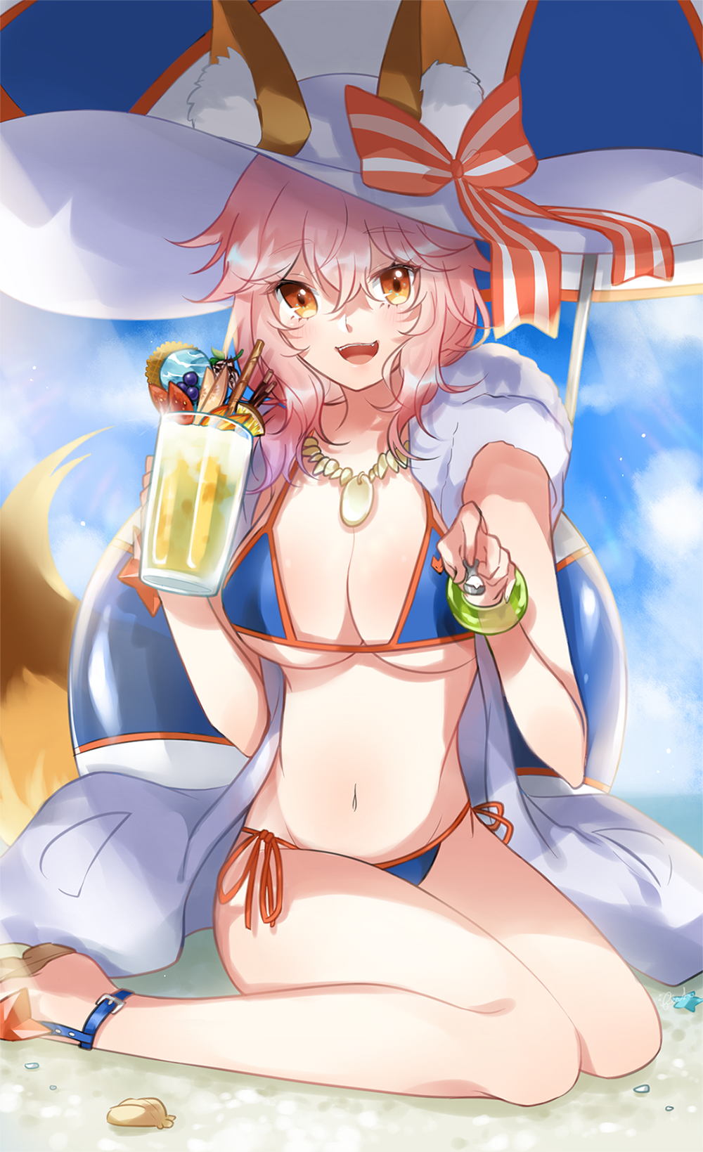 1girl animal_ear_fluff animal_ears beach beach_umbrella bikini blue_bikini blue_sky breasts cleavage commentary_request day ears_through_headwear fang fate/grand_order fate_(series) food fox_ears fox_girl fox_tail fruit groin hat highres innertube large_breasts navel ocean open_mouth outdoors parasol pink_hair side-tie_bikini sitting sky solo sun_hat swimsuit tail tamamo_(fate)_(all) tamamo_no_mae_(swimsuit_lancer)_(fate) trudy0816 umbrella white_headwear yellow_eyes