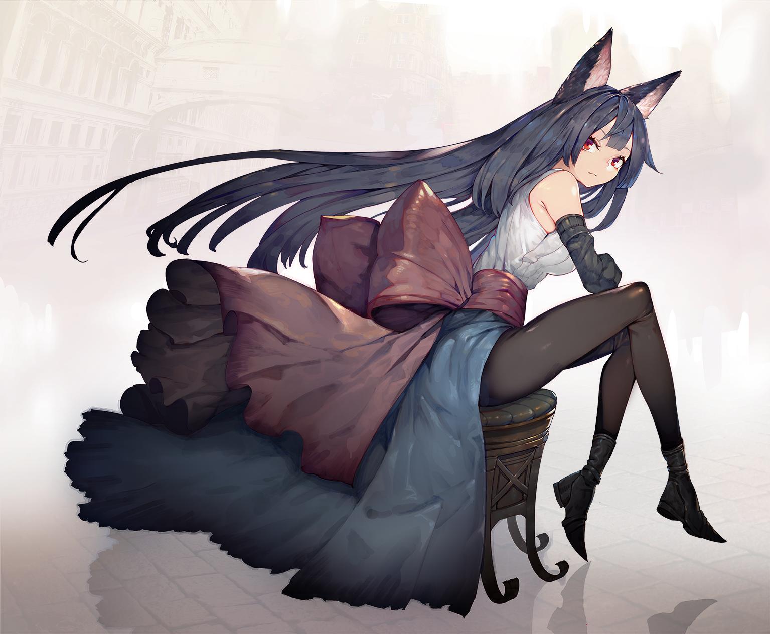 1girl alternate_costume animal_ears bangs bare_shoulders black_footwear black_hair black_legwear blue_cape boots breasts brick_floor building cape commentary_request detached_sleeves full_body highres imaizumi_kagerou large_breasts long_hair looking_at_viewer onion_(onion_and_pi-natto) outdoors pantyhose red_eyes red_sash reflection sash shirt sitting solo touhou very_long_hair waist_cape white_shirt wolf_ears