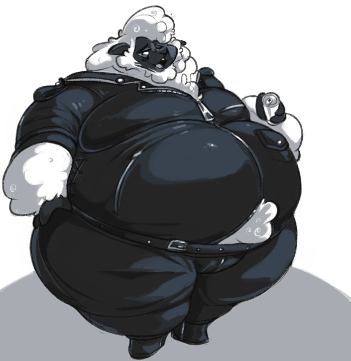 anthro belly belt beverage big_belly boot_(artist) bovid can caprine clothed clothing hand_on_hip holding_beverage holding_object jacket leather leather_jacket male mammal moobs obese obese_male open_mouth open_smile overweight overweight_male sheep simple_background smile solo standing thick_thighs white_background wide_hips wool