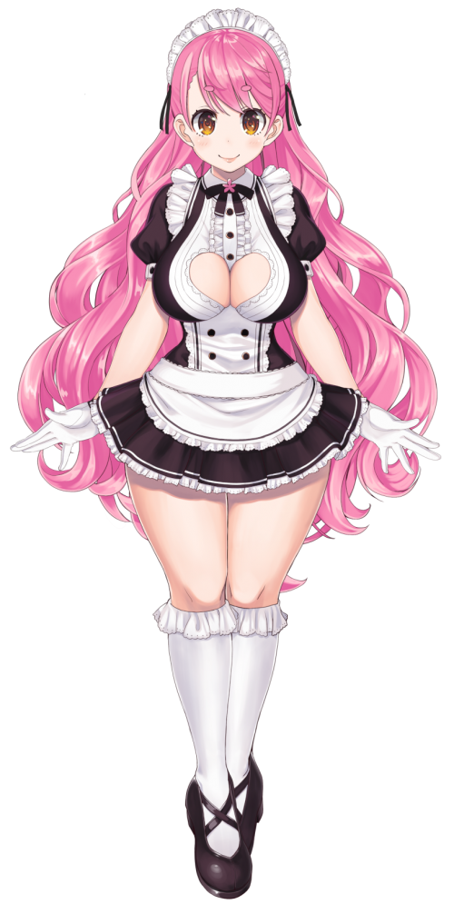 1girl aizono_manami apron bangs black_footwear breasts buttons cleavage cleavage_cutout closed_mouth curvy eyebrows_visible_through_hair frills full_body gloves itou_life large_breasts long_hair looking_at_viewer maid_apron maid_headdress nijisanji official_art pink_hair shoes short_eyebrows smile socks solo thick_eyebrows thick_thighs thighs transparent_background very_long_hair virtual_youtuber waist_apron wavy_hair white_gloves white_legwear wide_hips yellow_eyes