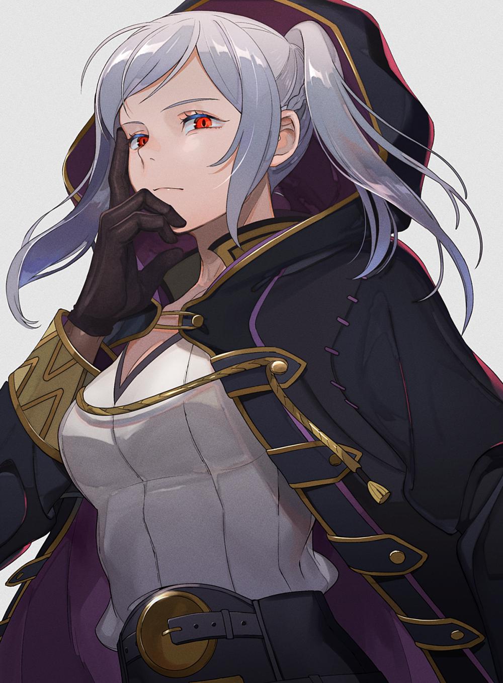 1girl belt black_gloves breasts cleavage closed_mouth female_my_unit_(fire_emblem:_kakusei) fire_emblem fire_emblem:_kakusei gimurei gloves grey_background highres hood hood_up kyufe long_sleeves my_unit_(fire_emblem:_kakusei) nintendo red_eyes robe simple_background slit_pupils solo twintails upper_body white_hair