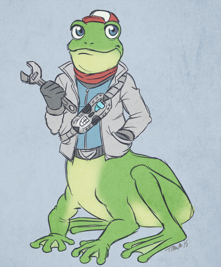 2015 3_toes 4_fingers 5_fingers amphibian amphibian_taur belt blue_background blue_eyes bottomless clothed clothing foulard frog frog_taur gloves green_skin hand_in_pocket hat jacket looking_at_viewer metalpandora nintendo simple_background sitting slippy_toad solo star_fox taur taurification text toad_(frog) toad_taur toes tools video_games webbed_feet webbed_hands wrench