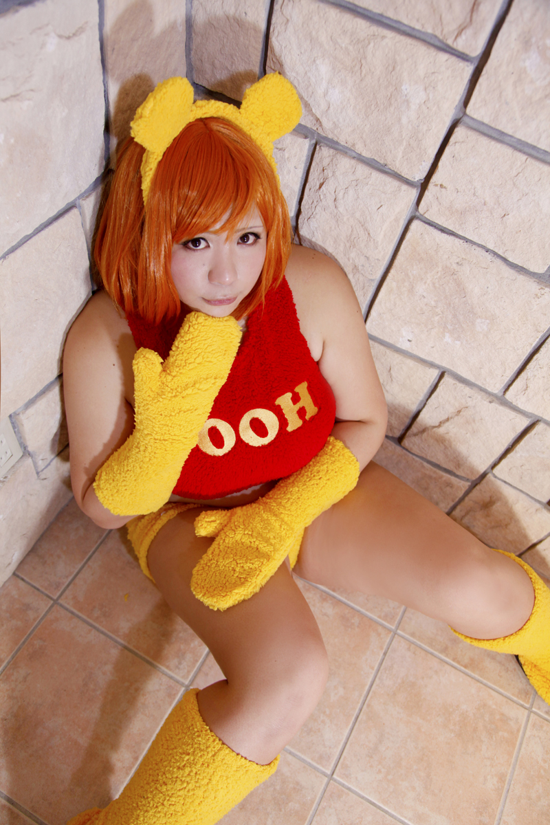 1girl animal_ears asian bear_ears chouzuki_maryou cosplay gloves highres orange_hair photo plump pooh pooh_(cosplay) shirt solo t-shirt winnie_the_pooh