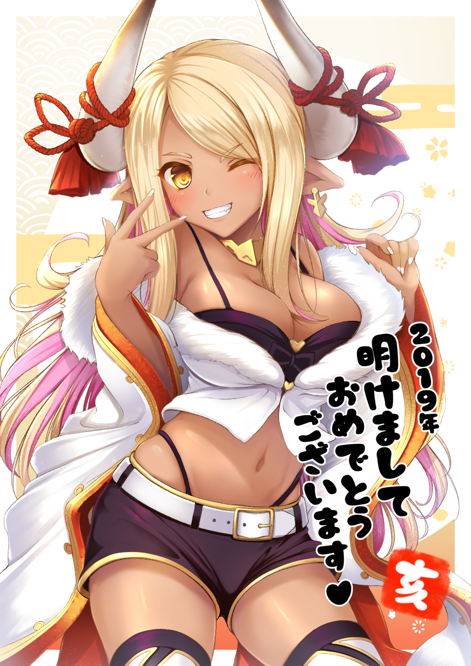 10s 1girl 2019 blonde_hair breasts dark_skin fingernails granblue_fantasy highres hirotan_insitao horns kuvira_(granblue_fantasy) large_breasts long_hair multicolored_hair nail_polish new_year one_eye_closed pink_hair pointy_ears smile solo two-tone_hair v very_long_hair yellow_eyes