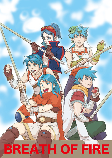 blue_eyes blue_hair breath_of_fire breath_of_fire_i breath_of_fire_ii breath_of_fire_iii breath_of_fire_iv breath_of_fire_v commentary_request facial_mark forehead_mark gloves green_eyes jewelry multiple_boys necklace ryuu_(breath_of_fire_i) ryuu_(breath_of_fire_ii) ryuu_(breath_of_fire_iii) ryuu_(breath_of_fire_iv) ryuu_(breath_of_fire_v)