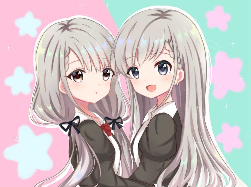 2girls :d black_eyes black_jacket black_ribbon blush bow braid brown_eyes collared_shirt commentary_request earrings green_background grey_hair hair_ribbon hisakawa_hayate hisakawa_nagi idolmaster idolmaster_cinderella_girls jacket jewelry juliet_sleeves long_hair long_sleeves looking_at_viewer looking_to_the_side multiple_girls open_clothes open_jacket open_mouth parted_lips pink_background puffy_sleeves red_bow ribbon satori_(ymoy) shirt siblings sisters smile twins two-tone_background upper_body very_long_hair white_shirt