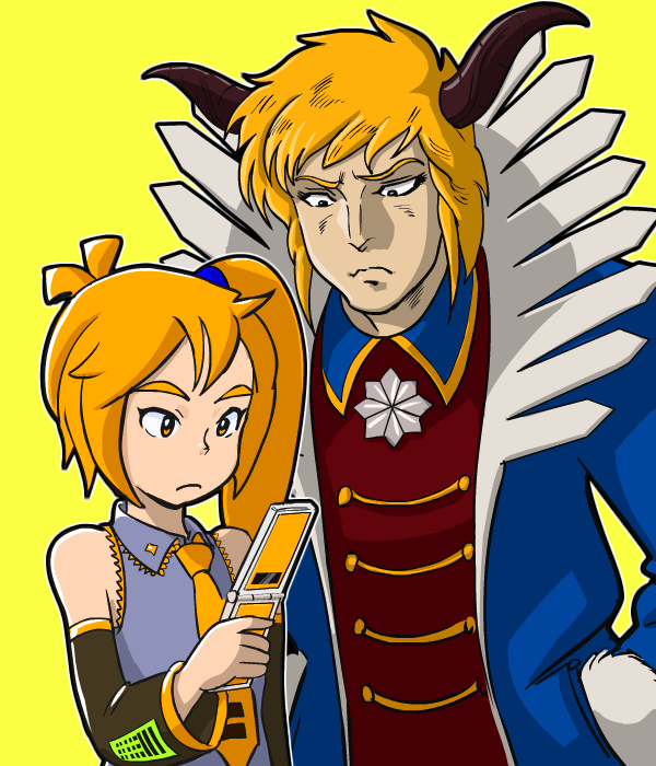 1boy 1girl akita_neru bare_shoulders blonde_hair blue_coat cellphone choudenji_machine_voltes_v coat crossover detached_sleeves emblem fur-trimmed_sleeves fur_trim heinel holding holding_cellphone holding_phone horns long_ponytail looking_at_phone looking_down necktie nippori_honsha phone ponytail shirt short_hair sleeveless sleeveless_shirt upper_body vocaloid yellow_background