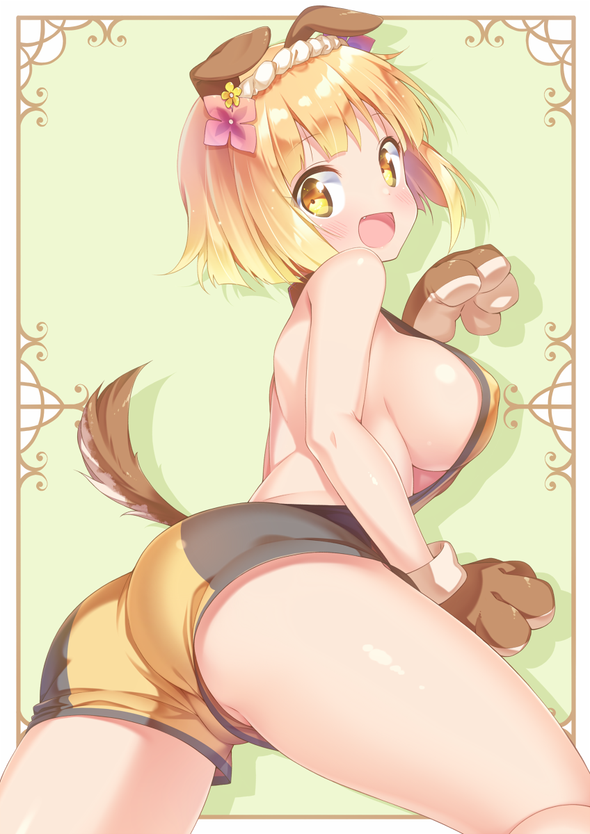 1girl :d animal_ears ass backless_outfit bangs bare_back bare_shoulders blonde_hair blunt_bangs breasts dog_ears dog_tail endro! fai_fai fang gloves gradient_hair highres ichi_makoto large_breasts looking_at_viewer multicolored_hair open_mouth paw_gloves paws short_hair sideboob smile solo tail thighs yellow_eyes