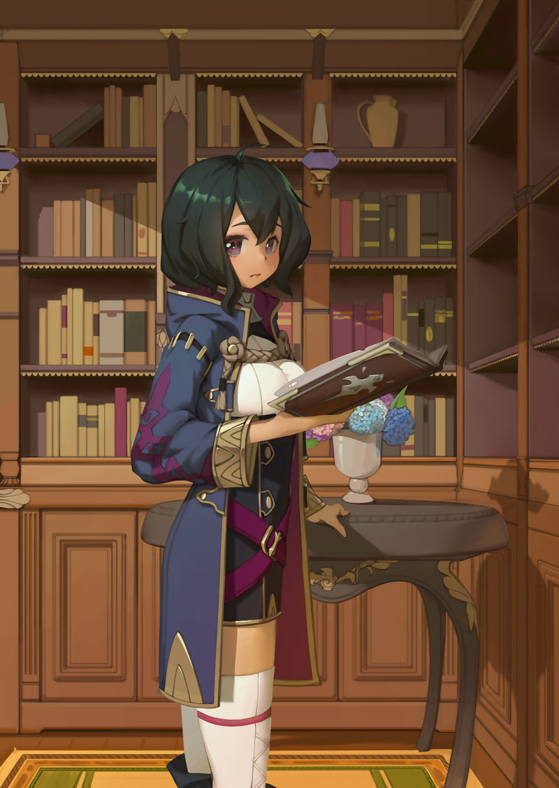 1girl ahoge black_footwear black_hair book bookshelf boots breasts cloak cowboy_shot day dress expressionless fire_emblem fire_emblem:_kakusei flower indoors looking_at_viewer mark_(female)_(fire_emblem) medium_breasts nintendo purple_eyes rug shadow short_dress short_hair solo standing thighhighs thighs vase white_legwear wide_sleeves wooden_floor zettai_ryouiki zxc00016