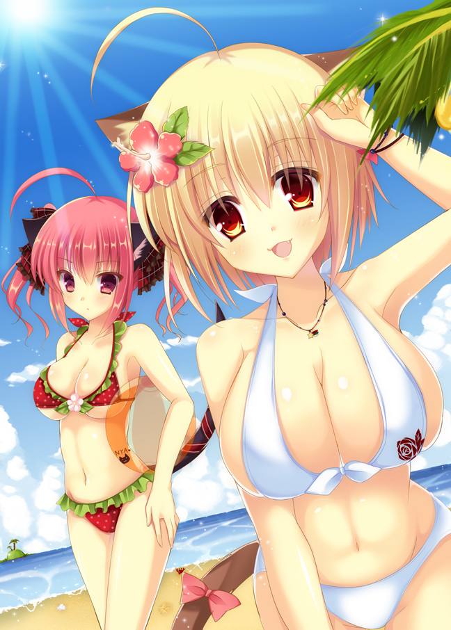 2girls ahoge animal_ears ball beachball bikini bitter_crown blonde_hair blush breasts cat_ears cat_girl cat_tail cleavage crab day fang flower hair_flower hair_ornament innertube jewelry large_breasts looking_at_viewer multiple_girls navel necklace open_mouth orange_eyes original pink_eyes pink_hair red_eyes short_hair smile swimsuit tail