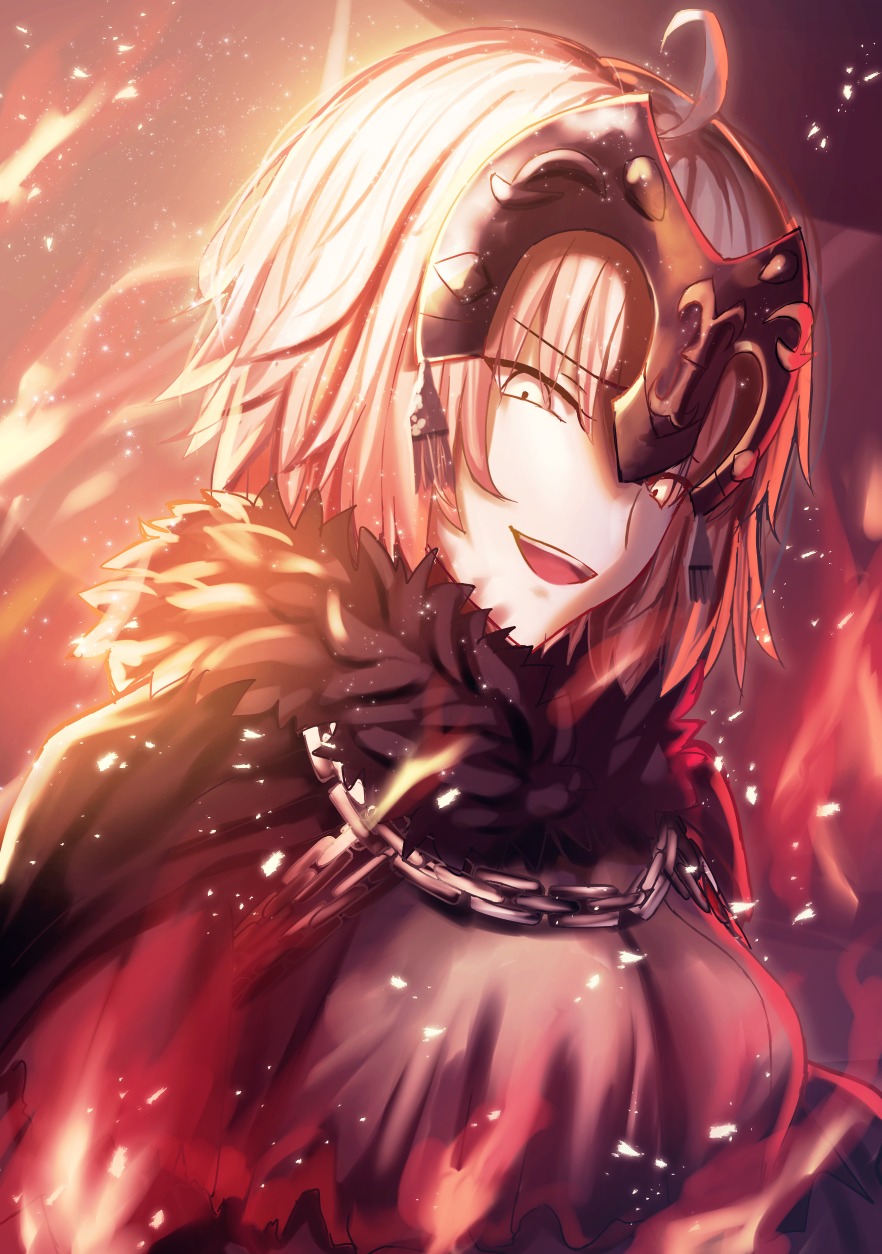 1girl :d ahoge black_cape blonde_hair cape chains fate/grand_order fate_(series) fire fur-trimmed_cape fur_trim hair_between_eyes headpiece highres jeanne_d'arc_(alter)_(fate) jeanne_d'arc_(fate)_(all) looking_at_viewer open_mouth short_hair smile solo upper_body x_key_s yellow_eyes