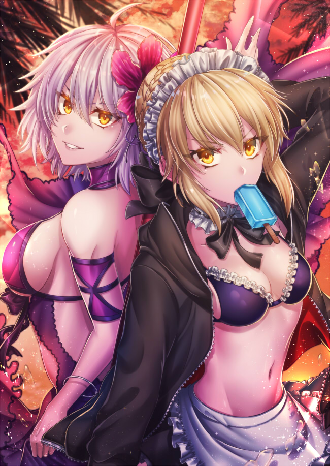2girls ahoge apron arm_strap artoria_pendragon_(all) back-to-back bikini black_bikini black_jacket black_skirt blonde_hair bra braided_bun breasts choker cleavage fate/grand_order fate_(series) flower food frilled_apron frilled_bikini_top frilled_skirt frills grin hair_between_eyes hair_flower hair_ornament holding holding_spear holding_weapon hood hood_down hooded_jacket jacket jeanne_d'arc_(alter)_(fate) jeanne_d'arc_(fate)_(all) kamuinii large_breasts long_sleeves looking_at_viewer maid_headdress medium_breasts midriff miniskirt mouth_hold multiple_girls navel open_clothes open_jacket polearm popsicle purple_bra red_flower saber_alter short_hair sideboob silver_hair skirt smile sparkle spear standing stomach swimsuit underwear unzipped v-shaped_eyebrows waist_apron weapon white_apron yellow_eyes
