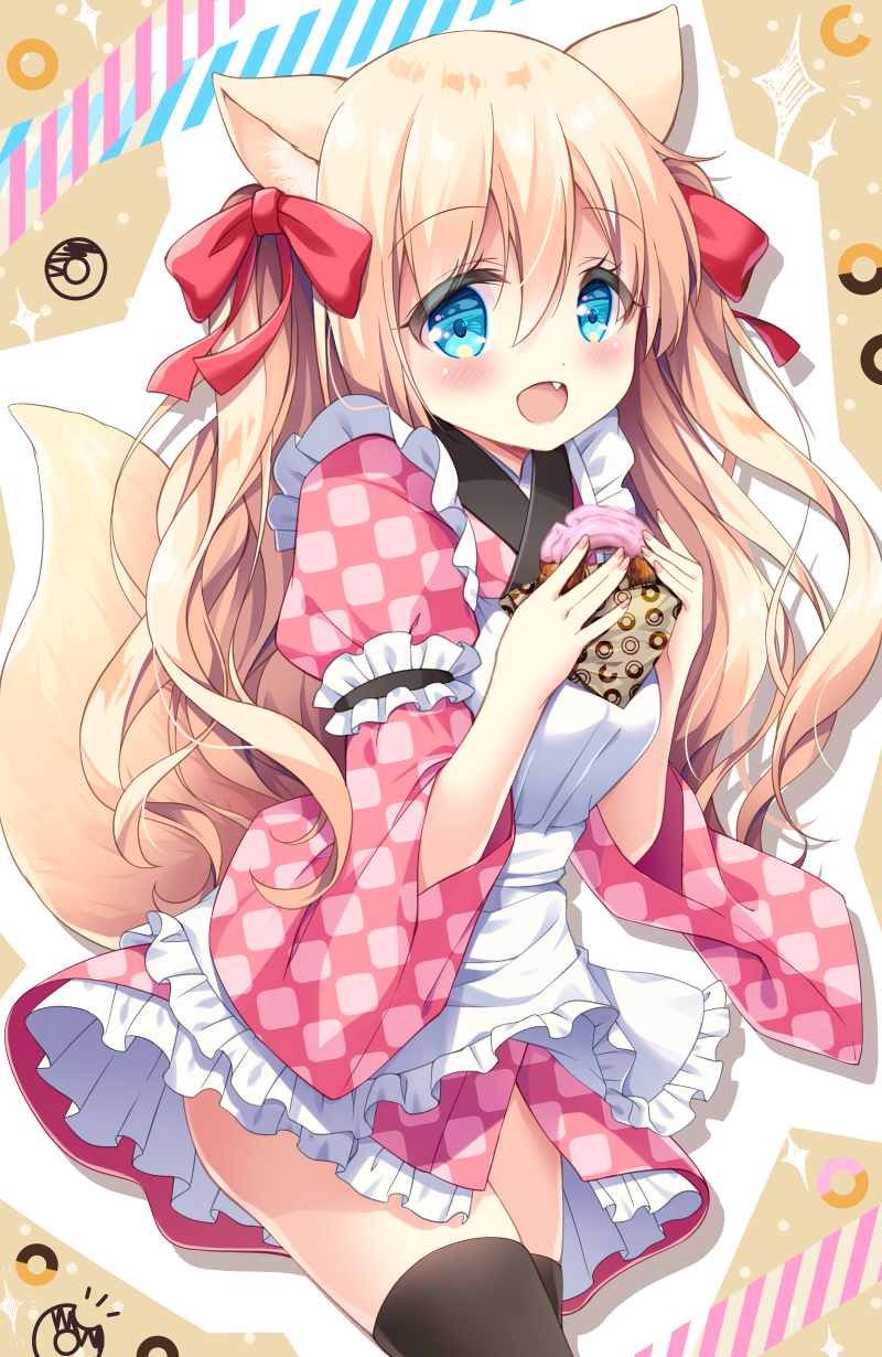 1girl :d animal_ear_fluff animal_ears apron bangs black_legwear blonde_hair blue_eyes blush bow breasts commentary_request copyright_request diagonal_stripes doughnut eyebrows_visible_through_hair fang food fox_ears fox_girl fox_tail frilled_apron frilled_kimono frills hair_between_eyes hair_bow highres holding holding_food japanese_clothes juliet_sleeves kimono long_hair long_sleeves looking_at_viewer maid_apron open_mouth pink_kimono print_kimono puffy_sleeves red_bow satsuki_yukimi small_breasts smile solo sparkle star striped tail tail_raised thighhighs unmoving_pattern very_long_hair white_apron wide_sleeves