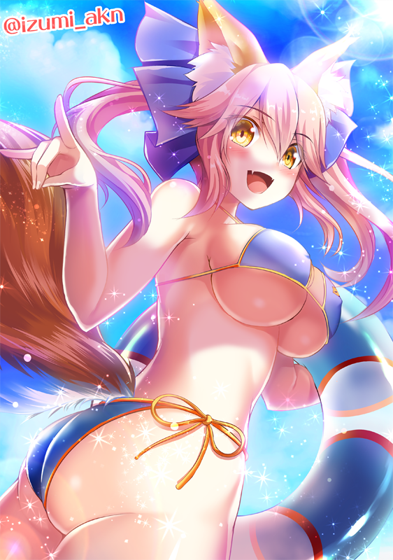 1girl animal_ear_fluff animal_ears ass bikini blue_bikini blush bow breasts commentary_request cowboy_shot fang fate/grand_order fate_(series) fox_ears fox_shadow_puppet fox_tail hair_bow holding holding_innertube innertube izumi_akane large_breasts lens_flare long_hair looking_at_viewer looking_back open_mouth pink_hair side-tie_bikini skin_fang solo sparkle swimsuit tail tamamo_(fate)_(all) tamamo_no_mae_(fate) twisted_torso twitter_username underboob yellow_eyes
