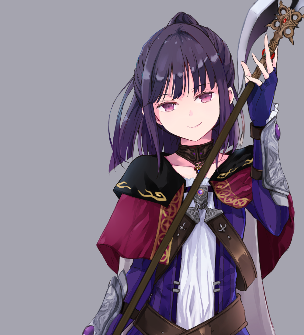 1girl alternate_hairstyle arm_guards atelier_(series) atelier_meruru atelier_totori belt bracer capelet check_commentary choker commentary commentary_request grey_background holding holding_weapon jewelry looking_at_viewer maromi_(am97) mimi_houllier_von_schwarzlang necklace polearm purple_hair red_eyes short_hair simple_background smile solo weapon