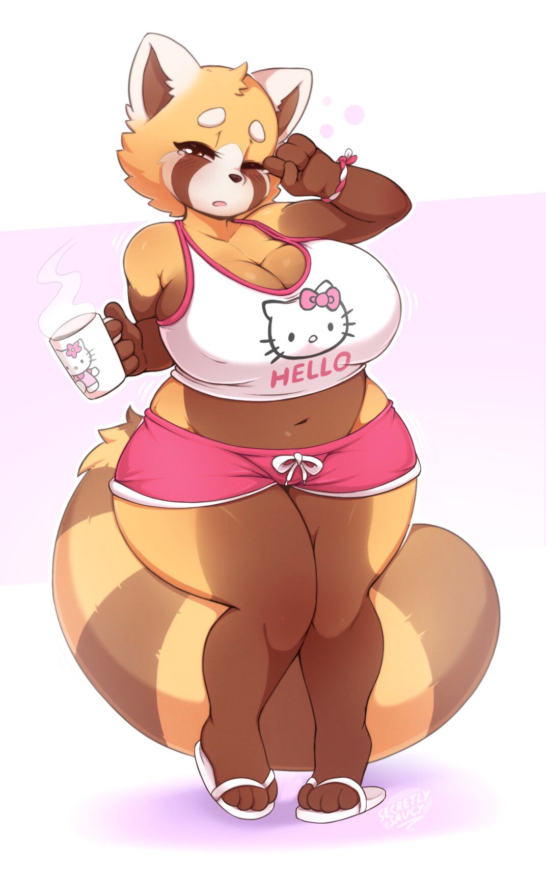 4_toes aggressive_retsuko ailurid anthro beverage big_breasts breasts brown_fur clothing coffee cup female footwear fur hello_kitty hi_res looking_at_viewer mammal midriff multicolored_fur open_mouth red_panda retsuko sandals sanrio secretly_saucy short_shorts short_stack shorts solo thick_thighs toes two_tone_fur voluptuous