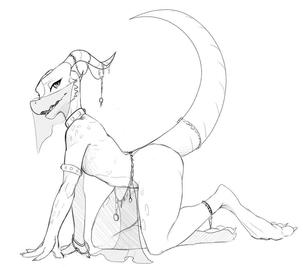 all_fours ambiguous_gender anklet anthro armband bedroom_eyes belly_dancer bracelet claws clothed clothing collar digitigrade half-closed_eyes horn horn_jewelry jewelry kobold loincloth scales scalie seductive skimpy slit_pupils tail_jewelry translucent transparent_clothing veil w4g4
