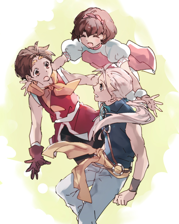 1girl 2boys breasts brown_hair commentary_request dress eyes_closed gensou_suikoden gensou_suikoden_ii gloves hairband hamagurihime jowy_atreides-blight multiple_boys nanami_(suikoden) open_mouth pants riou shirt short_hair smile