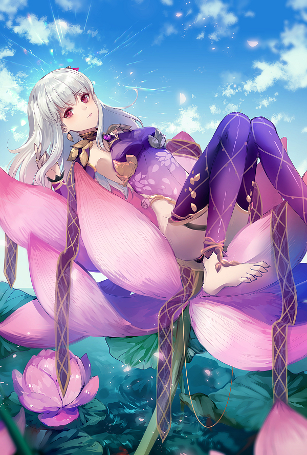 1girl alternate_hair_length alternate_hairstyle armpits bangs bare_shoulders barefoot blue_sky breasts closed_mouth day detached_sleeves earrings eyebrows_visible_through_hair fate/grand_order fate_(series) flower halterneck jewelry kama_(fate/grand_order) kleinlight knees_up lily_(flower) lily_pad long_hair long_sleeves lying minigirl on_back outdoors petals pink_flower purple_legwear sky small_breasts solo thigh_strap toeless_legwear very_long_hair water