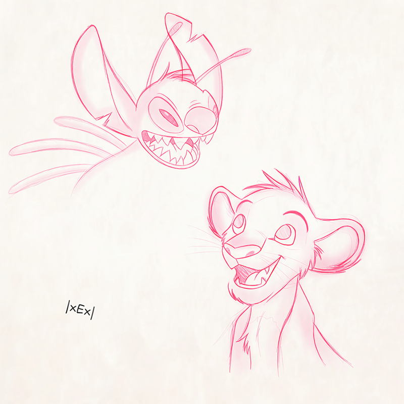 2015 alien antennae back_spines chest_tuft disney duo eduardo_garcia experiment_(species) felid head_tuft lilo_and_stitch lion mammal monochrome notched_ear open_mouth open_smile pantherine red_and_white simba simple_background sketch smile squint stitch the_lion_king tuft white_background
