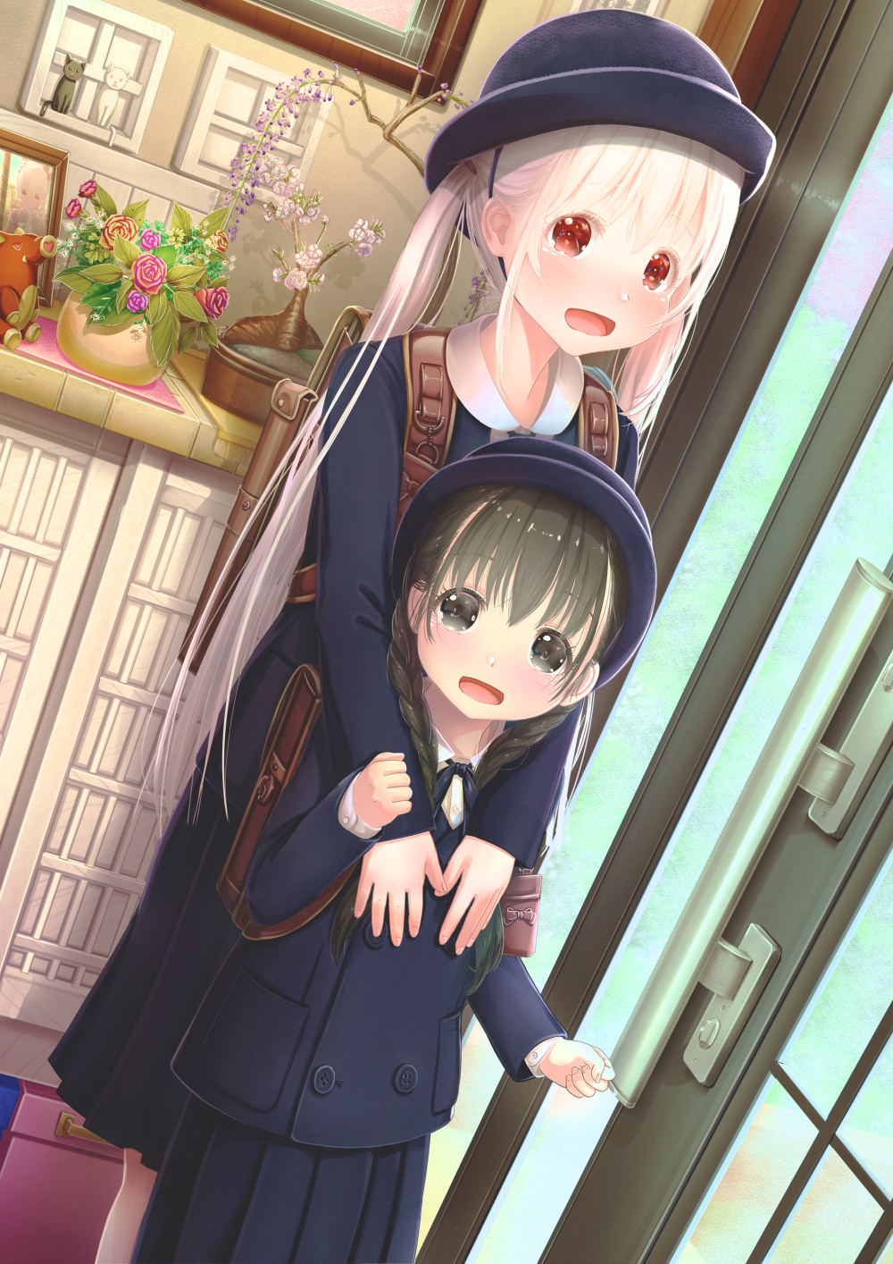 2girls :d abo_(kawatasyunnnosukesabu) backpack bag bangs black_eyes black_hair blush braid child clenched_hand commentary_request door double-breasted dutch_angle flower hat highres hug hug_from_behind indoors long_hair long_sleeves looking_at_viewer multiple_girls navy_blue_hat navy_blue_skirt open_mouth original picture_frame plant potted_plant red_eyes school_uniform siblings sidelocks sisters smile standing twin_braids twintails white_hair wisteria
