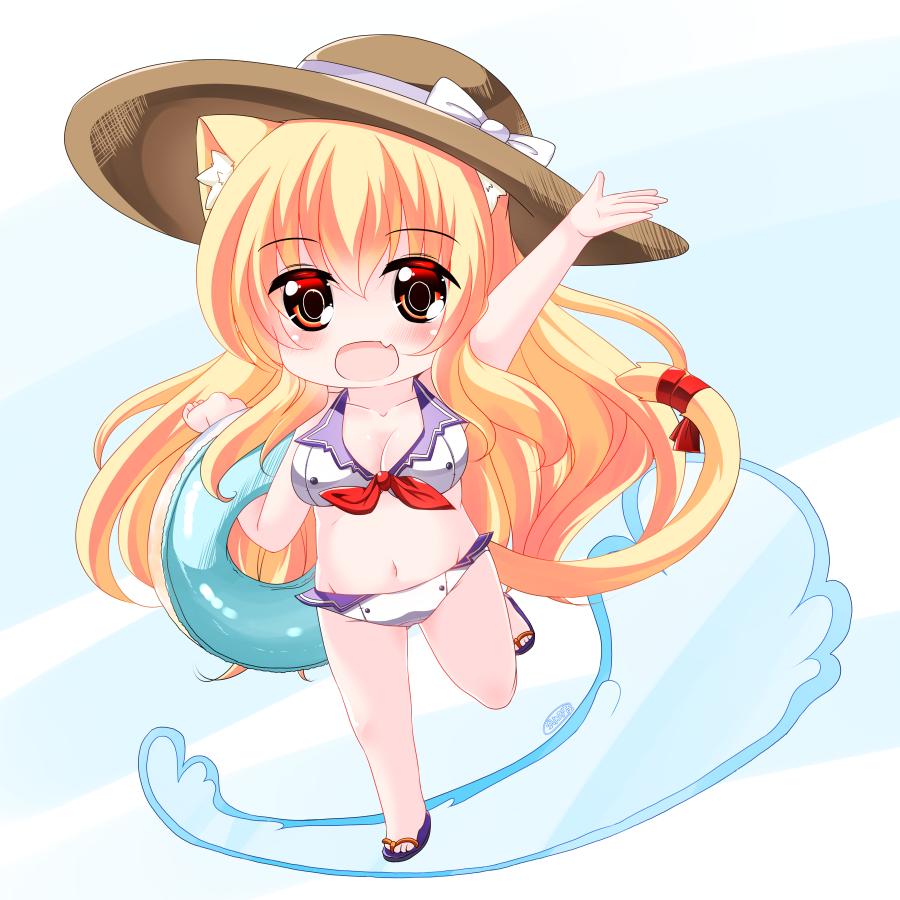 1girl :d animal_ear_fluff animal_ears arm_up bangs bikini blonde_hair blue_footwear blush bow breasts brown_headwear cat_ears cat_girl cat_tail chibi cleavage commentary_request eyebrows_visible_through_hair fang full_body hair_between_eyes hat hat_bow innertube kanijiru long_hair looking_at_viewer medium_breasts navel open_mouth original red_eyes red_ribbon ribbon sandals smile solo standing standing_on_one_leg sun_hat swimsuit tail tail_ribbon very_long_hair white_bikini white_bow