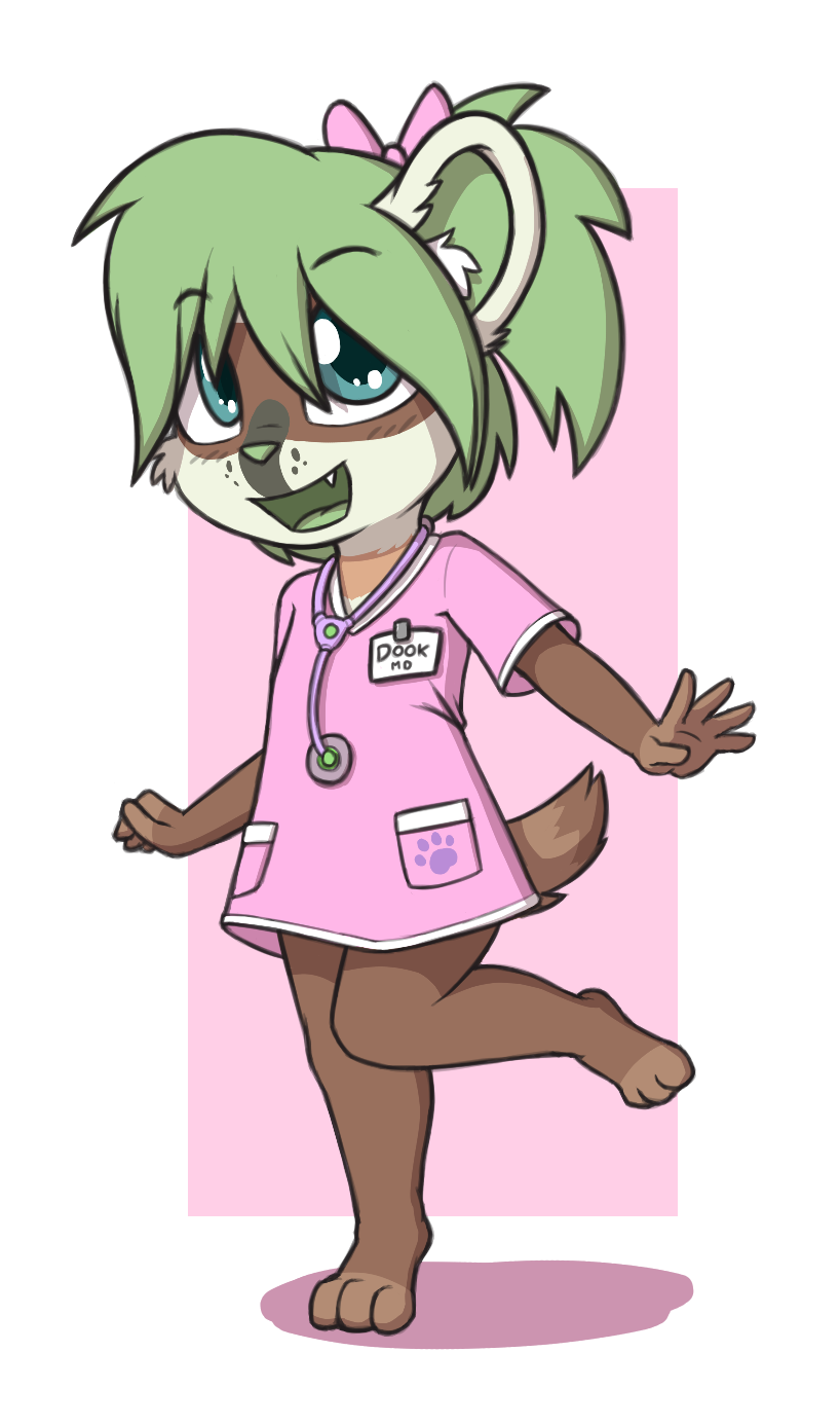 2019 aggie_(artist) anthro bow brown_fur clothed clothing cub cute_fangs digital_media_(artwork) doctor domestic_ferret dook_(lildooks) female footprint freckles fur green_eyes green_hair hair hi_res inner_ear_fluff mammal mustela mustelid musteline pawprint ponytail shirt simple_background smile solo standing stethoscope teeth text tongue tongue_out young