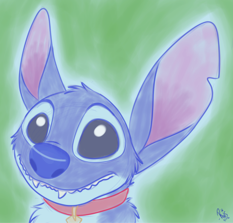 2016 alien black_eyes blue_fur blue_nose collar colored_sketch digital_drawing_(artwork) digital_media_(artwork) disney experiment_(species) fur green_background head_tuft lilo_and_stitch looking_at_viewer notched_ear pawswolfdog signature simple_background solo stitch