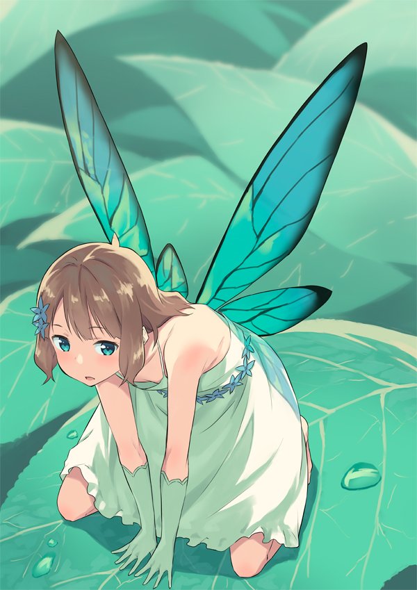 1girl bare_shoulders blonde_hair blue_eyes dress fairy fairy_wings female flower hair_flower hair_ornament kneeling mikaze_takashi minigirl original solo wings