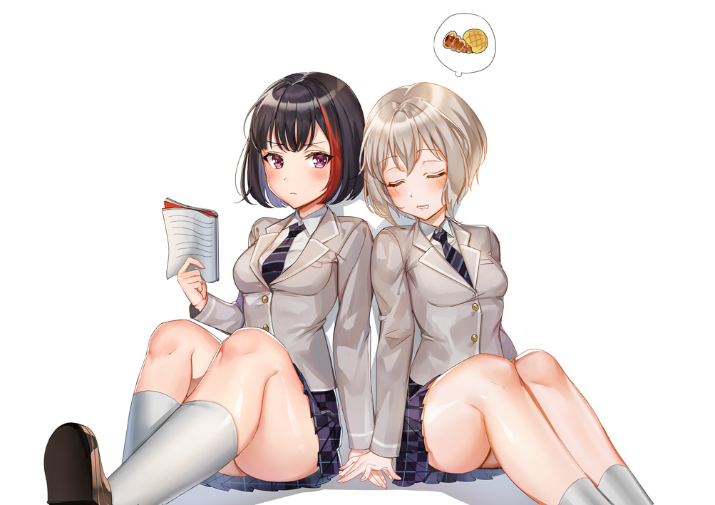 2girls aoba_moka bang_dream! black_hair blush book gray_hair kneehighs mitake_ran red_eyes rity seifuku short_hair shoujo_ai skirt sleeping tie white