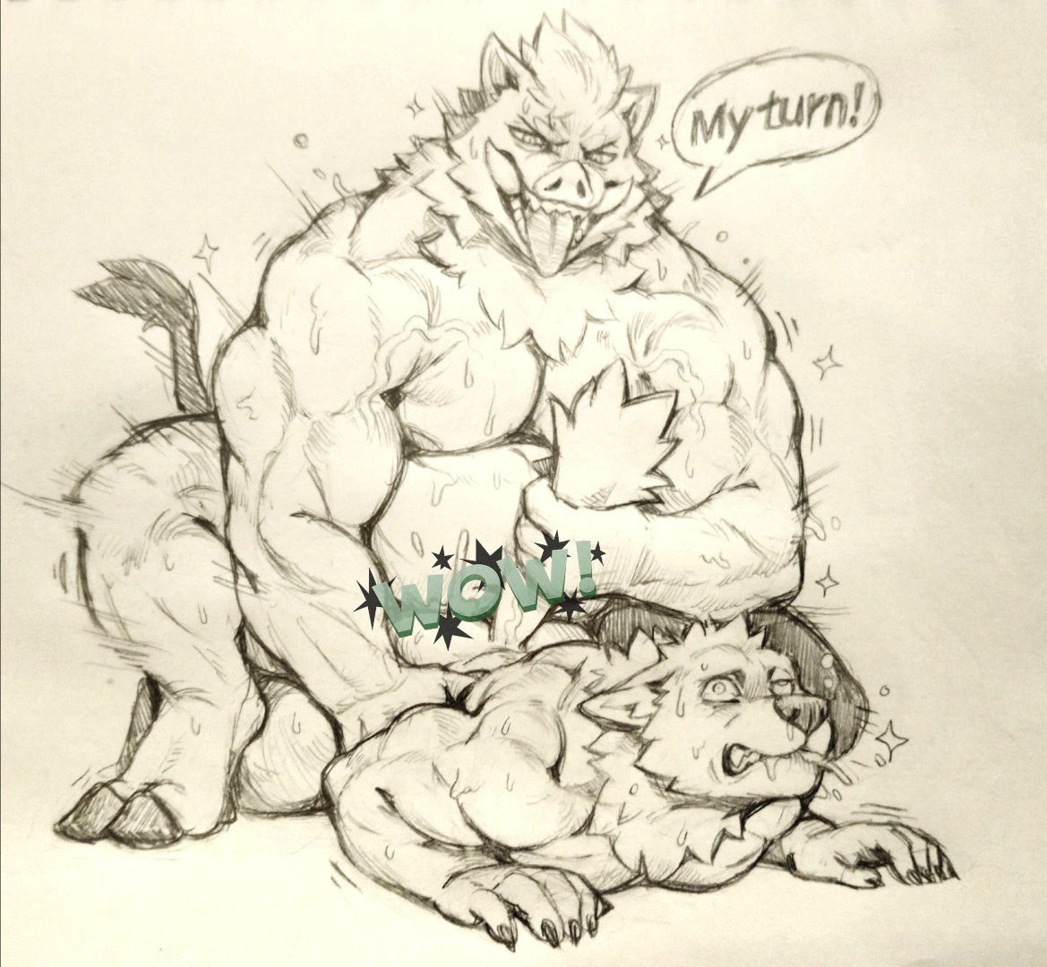 anal anthro anthro_on_anthro biceps canid canine canis drooling duo english_text jacketbear kemono male male/male mammal muscular muscular_male nipples pecs rough_sex saliva sex suid suina sus_(pig) text vein wild_boar wolf