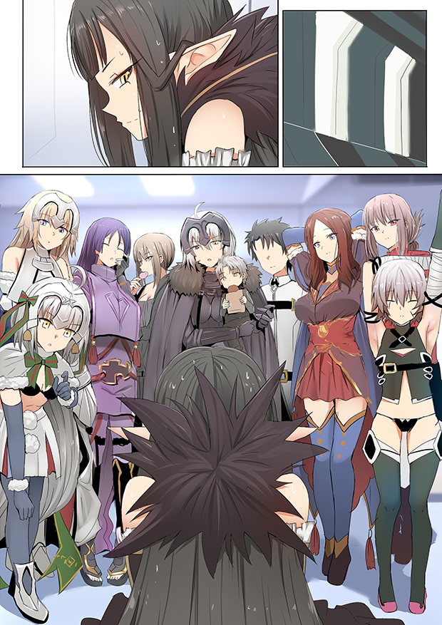 ahoge artoria_pendragon_(all) black_panties blue_eyes breasts candy chaldea_uniform comic eating eyes_closed faceless faceless_male fate/grand_order fate_(series) father_and_son florence_nightingale_(fate/grand_order) food fujimaru_ritsuka_(male) fur_trim ginhaha jack_the_ripper_(fate/apocrypha) jeanne_d'arc_(alter)_(fate) jeanne_d'arc_(fate) jeanne_d'arc_(fate)_(all) jeanne_d'arc_alter_santa_lily large_breasts leonardo_da_vinci_(fate/grand_order) lollipop long_hair minamoto_no_raikou_(fate/grand_order) mother_and_son outstretched_arm panties pointy_ears ponytail red_eyes saber_alter scar semiramis_(fate) short_hair silent_comic small_breasts sweat thighhighs underwear yellow_eyes