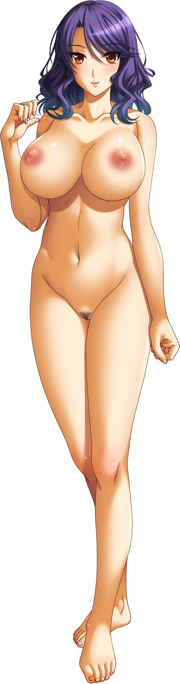 1girl absurdres artist_request barefoot blush breasts collarbone copyright_request eyebrows_visible_through_hair forearms_at_chest full_body highres huge_breasts long_hair looking_at_viewer navel nipples no_pussy nude orange_eyes pubic_hair purple_hair smile solo standing transparent_background