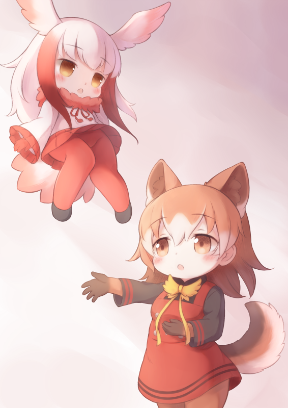 2girls animal_ear_fluff animal_ears animal_request bird_tail black_gloves black_sleeves blush bow bowtie character_request chibi commentary dress elbow_gloves extra_ears eyebrows_visible_through_hair flying frilled_sleeves frills fur-trimmed_shirt gloves head_wings hollow_eyes japanese_crested_ibis_(kemono_friends) kemono_friends long_sleeves matsuu_(akiomoi) medium_hair multicolored multicolored_clothes multicolored_gloves multicolored_hair multiple_girls open_mouth orange_eyes orange_gloves orange_hair outstretched_arm pantyhose red_dress red_gloves red_legwear red_skirt shirt skirt skirt_lift tail tareme upskirt white_hair white_shirt white_sleeves yellow_eyes
